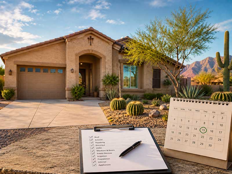 Annual home maintenance inspection checklist and calendar in front of a Southwestern-style Tucson home with desert landscaping.