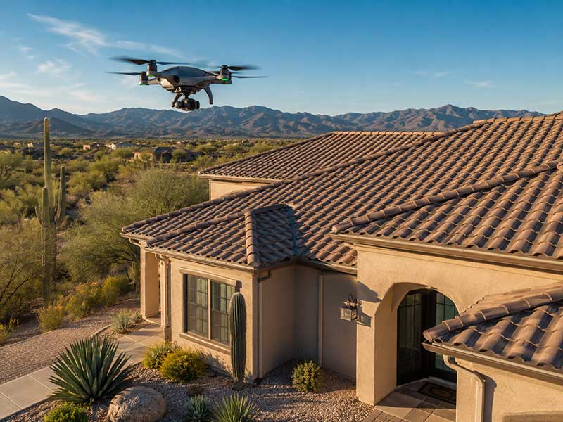 Drone hovering above the tile roof of a Tucson-area home during a roof inspection, with desert landscaping and mountain views in the background.