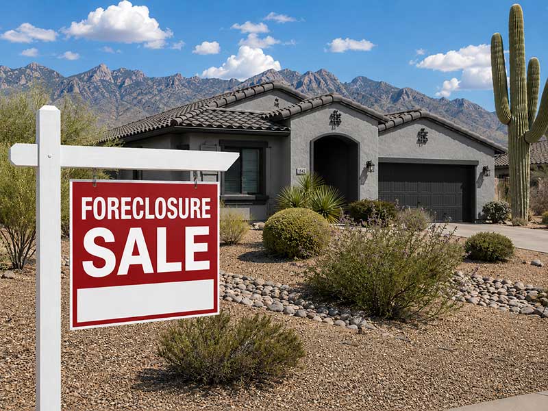 Foreclosure sale sign in front of a gray Southwestern-style Tucson home with desert landscaping, a saguaro cactus, and mountain views.