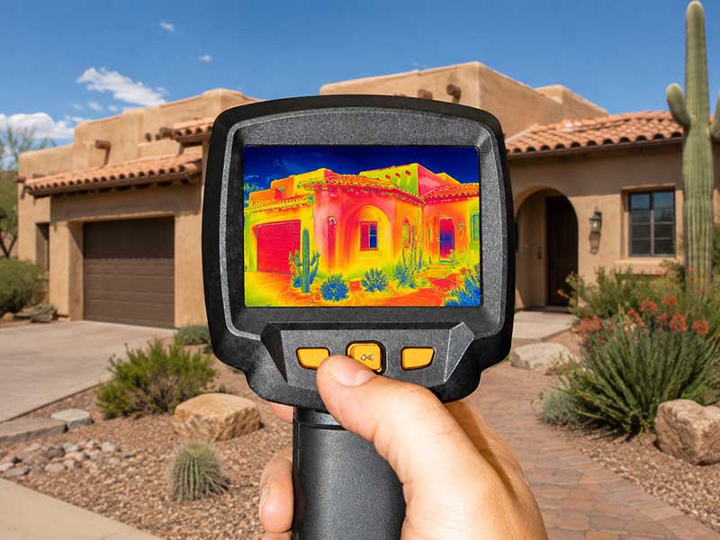 Thermal imaging camera scanning a Southwestern-style Tucson home during an infrared inspection.