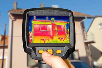 Infrared thermal imaging camera displaying a heat map of a home during an inspection.